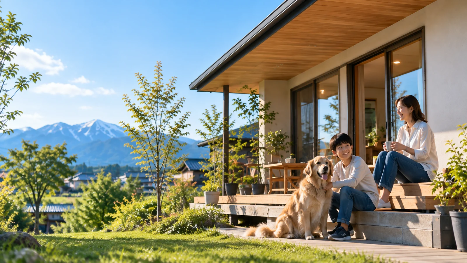 家族と犬が住宅の庭で過ごす暮らしのイメージ
