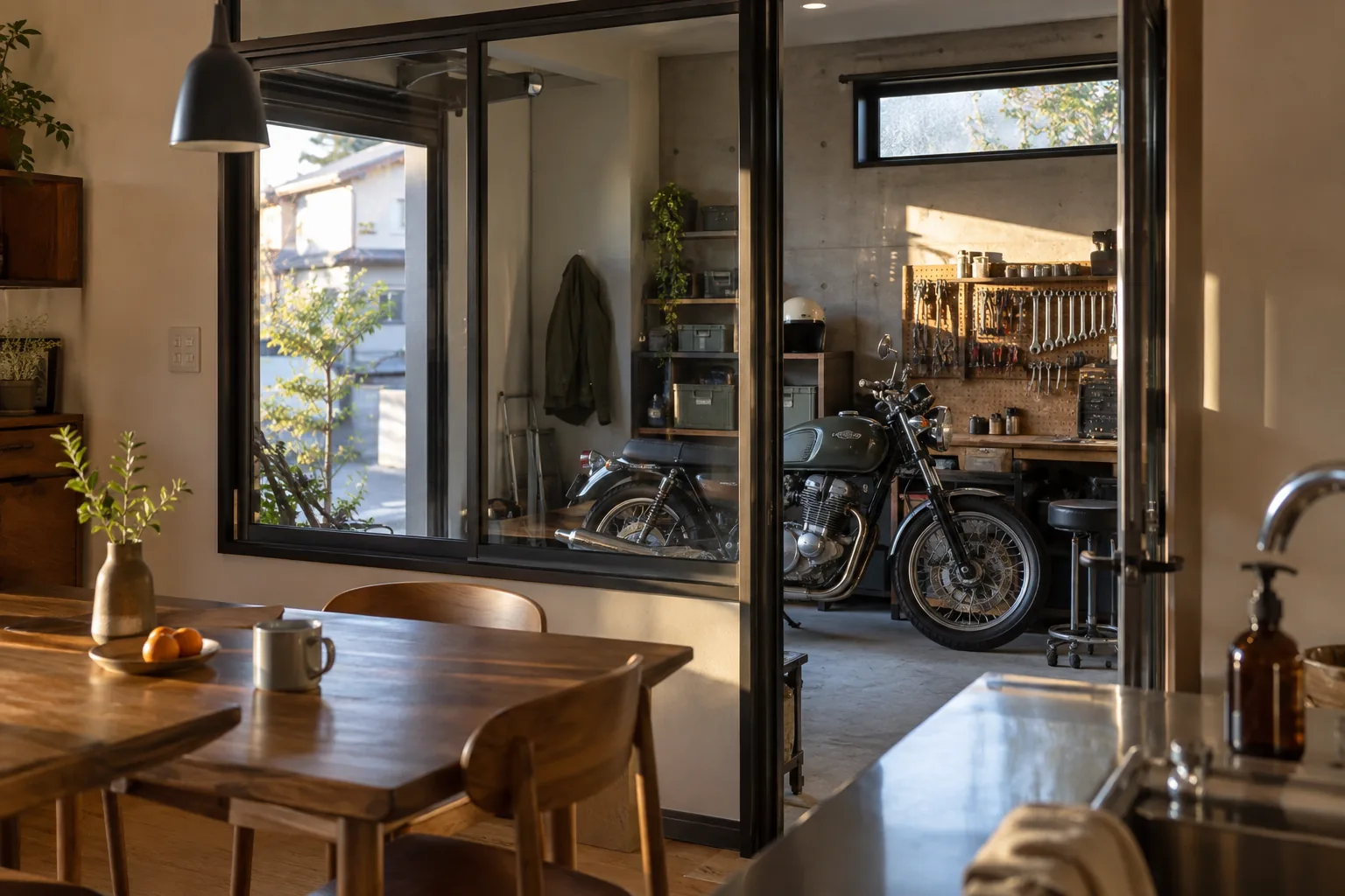 ダイニングキッチンからバイクガレージが見える暮らしの参考イメージ
